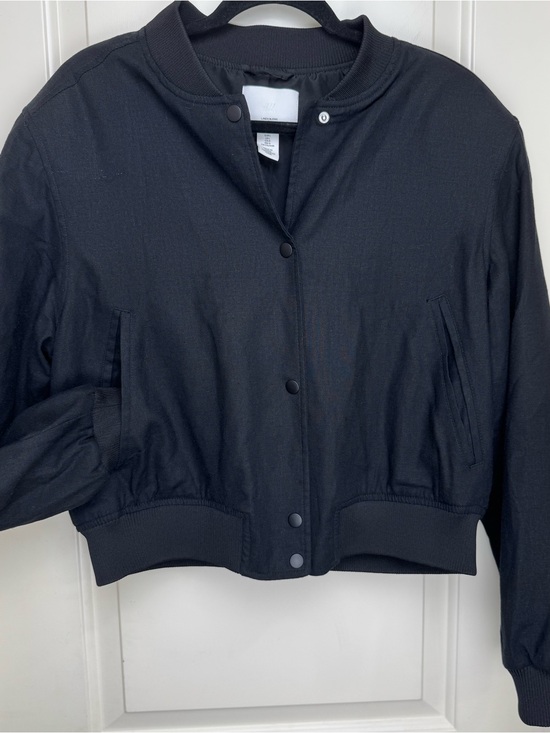 H&M Jackets & Blazers - H&M Black Linen Blend Bomber Jacket Shoulder Pads Size L